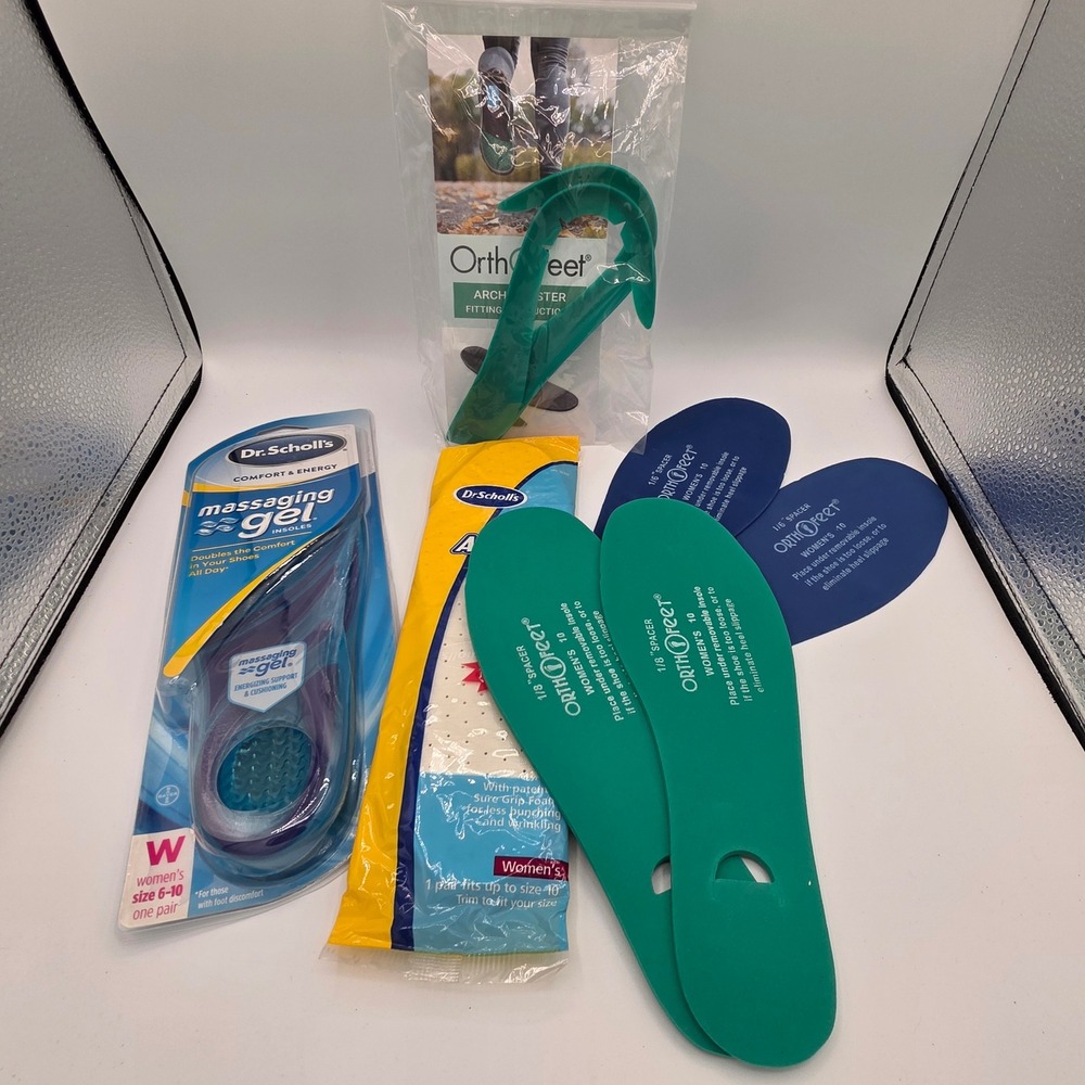 Dr Scholls Massaging Gel Insoles & OrthoFeet Spacers Arch Booster Bundle Women10